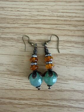 Green and Amber Bead Dangle Earrings